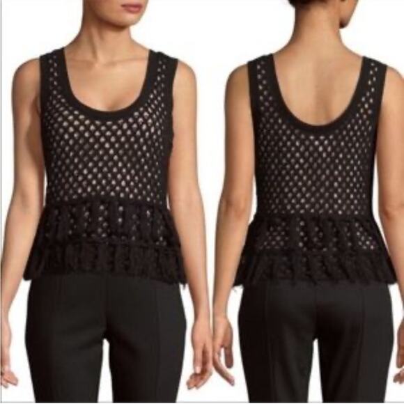 L’AGENCE LEANDRA CROCHET FRINGE TOP BLACK TANK TOP TASSELS SMALL - Picture 1 of 7